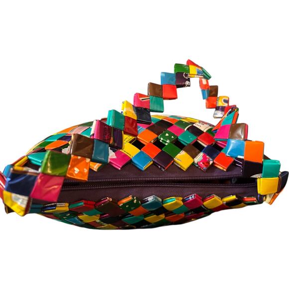 Handmade Recycled Candy Wrapper Woven Tote Bag, Multicolor, Eco-Friendly - Picture 3 of 4